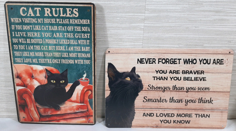 2 New Black Cat Metal Signs - 12"X8"