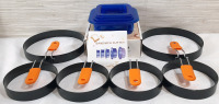 Lot of Cooking Tools, Including 6 Egg Ring Shapers (4pcs 4"dm, 2pcs 6"dm) and Blue Plastic Sandwich Cutters (Largest One 5", Smallest One 3")