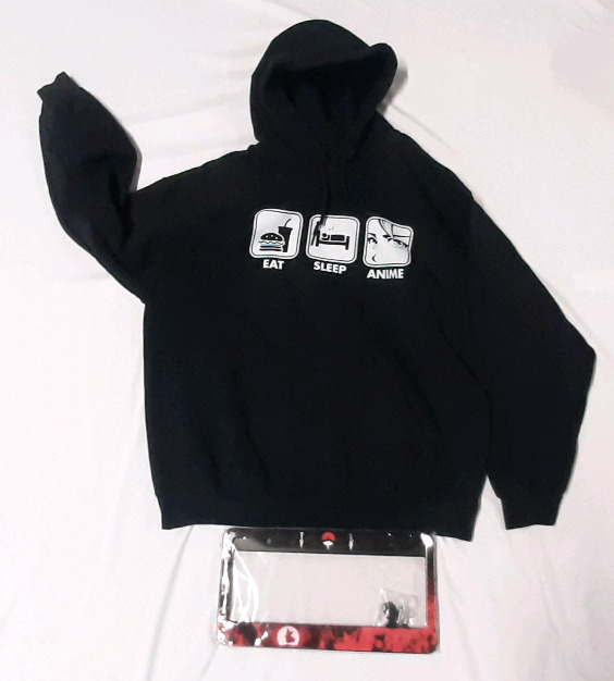 Size Large Anime-Themed Black Hoodie & New Naruto License Plate Frame w/ Installation Screws