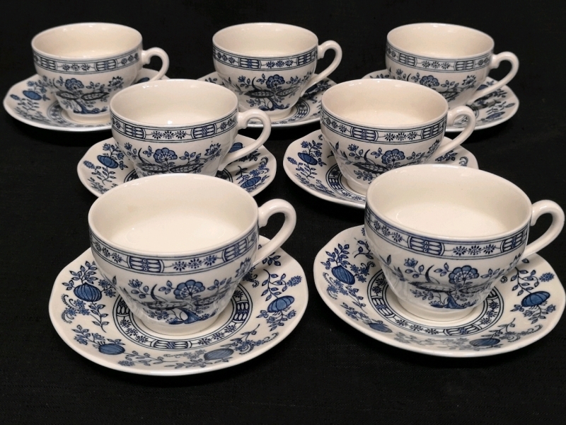 7 Enoch Wedgwood Cups & Saucers - Blue Onion Pattern