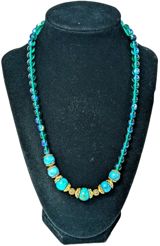 Gorgeous Gold + Turquoise Tone + AB Wash Necklace w Luminous Accent Beads which Glow Under Black Light