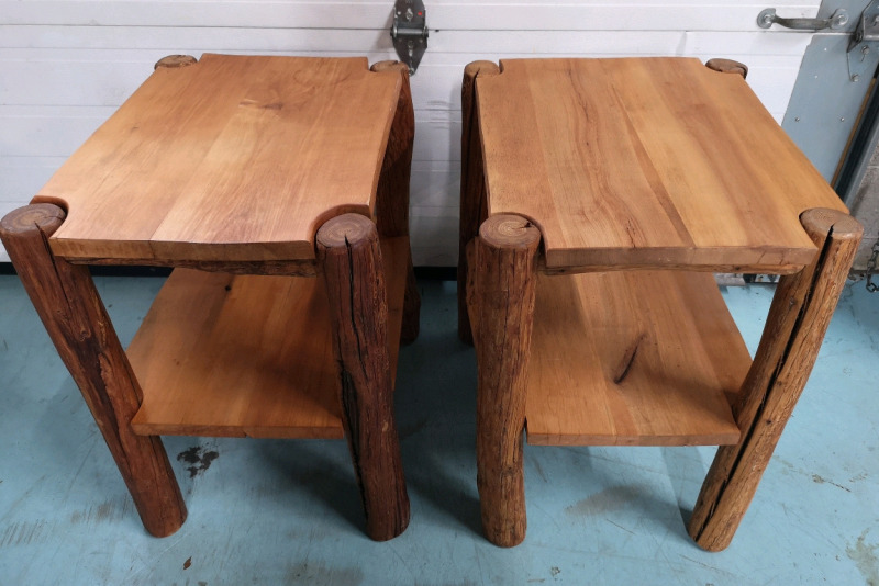 Pair of Rustic Hand-Made Solid Wood Side Tables