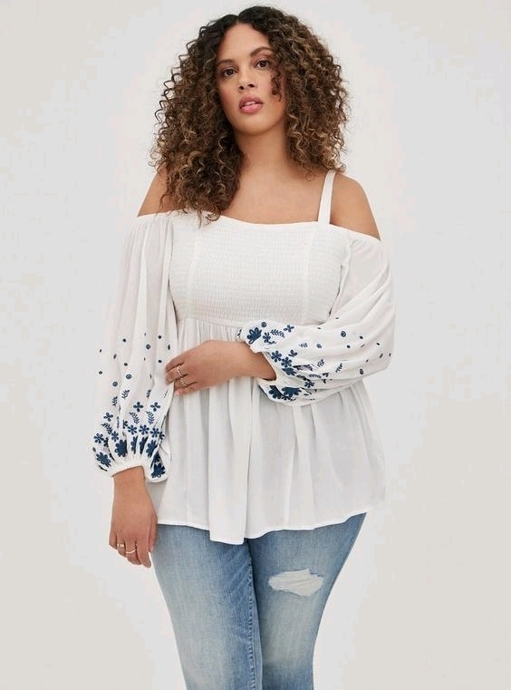 New Size 2XL | TORRID Embroidered Smocked Cold Shoulder Shirt | Retails for $87.50!