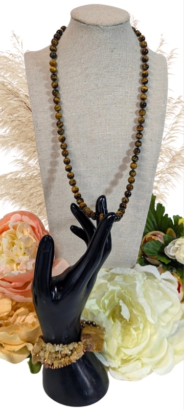 Raw Citrine Nugget Expansion Bracelet w Large Presumed Jasper Focal Stone & Lovely 23" Long Tiger's Eye Stone Necklace