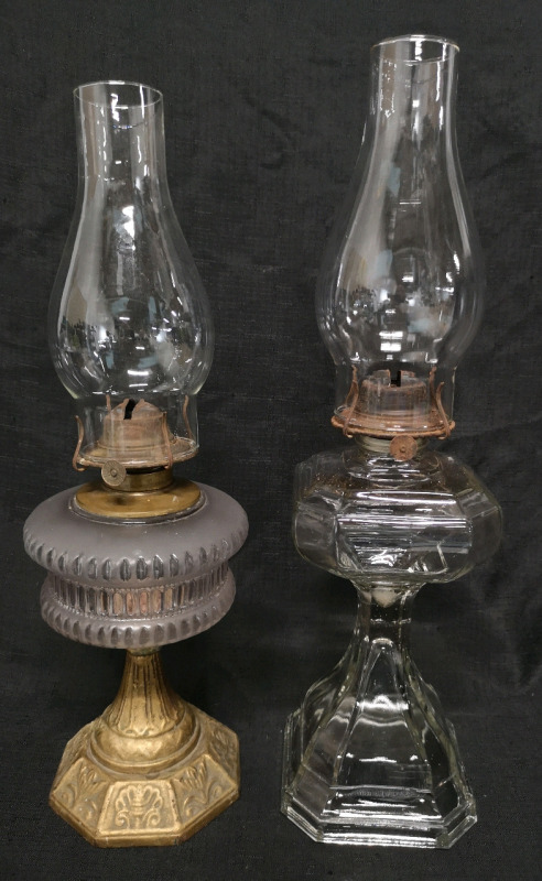 2 Vintage Glass Oil Lamps with Glass Hurricanes