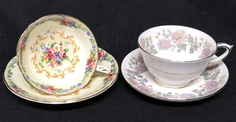 PARAGON Teacups & Saucers - Chrysanthemums & Minuet (Double Warranted) Patterns