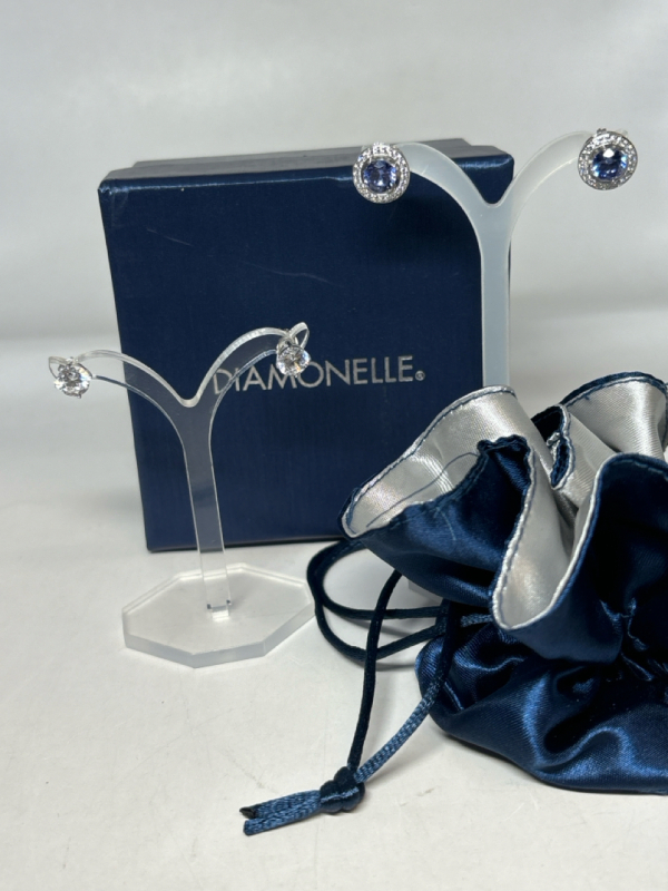 New Sterling Silver Diamonelle 4pc Pierced Earrings Blue / Clear stones and Diamonelle Jackets in Logo Box Pouch Great Gift Giving