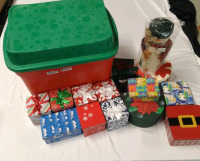 Assorted Christmas Boxes & Decoration Lot 13 Various Boxes and Tins 5"-10" & Storage Bin 19x21"