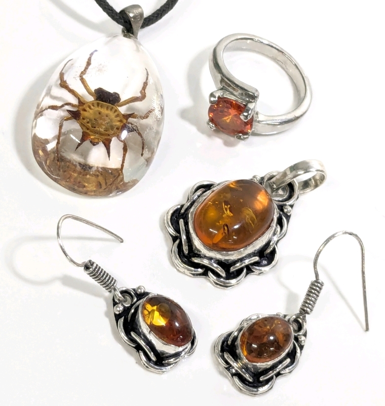 Stunning Amber Earrings & Matching Pendant, Real Spiny Orb Weaver Spider Encased in Resin Necklace w 18K GP Bale & Size 5 Ring w Prong Set Orange Stone Partially Open Gallery