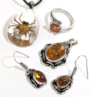 Stunning Amber Earrings & Matching Pendant, Real Spiny Orb Weaver Spider Encased in Resin Necklace w 18K GP Bale & Size 5 Ring w Prong Set Orange Stone Partially Open Gallery