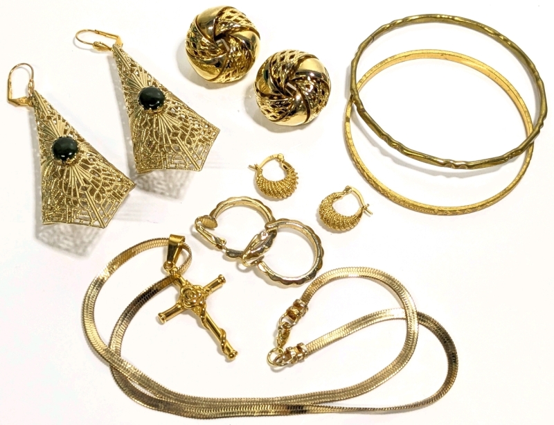 Gorgeous in Gold Tone: Signed FJ (Fancy Jewelry) Earrings, Filigree Statement Earrings w Jade Cabs, Hoop Earrings, Rose-on-Cross Pendant on Chain, Bangles