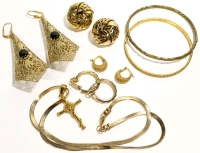 Gorgeous in Gold Tone: Signed FJ (Fancy Jewelry) Earrings, Filigree Statement Earrings w Jade Cabs, Hoop Earrings, Rose-on-Cross Pendant on Chain, Bangles