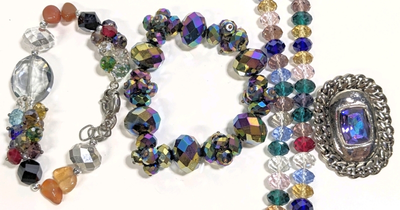 Colour & Glass! Expanding Rondelle Bracelet w AB Oil Slick Wadh, Bracelet w Semiprecious Stone Nuggets, Colorful Glass Bead Necklace & Gorgeous Silver Tone Brooch w Large Purple/Blue Stone w Partial Open Gallery