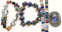 Colour & Glass! Expanding Rondelle Bracelet w AB Oil Slick Wadh, Bracelet w Semiprecious Stone Nuggets, Colorful Glass Bead Necklace & Gorgeous Silver Tone Brooch w Large Purple/Blue Stone w Partial Open Gallery
