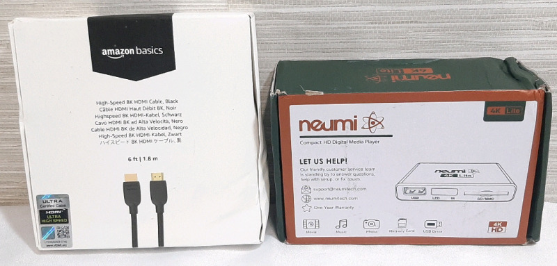 Lot of Electronics, Including A Neumi Compact HD Digital Media Player w/ 4k Output (Accepts USB's and SD Cards) & A 6ft Amazon Basics High-Speed 8k HDMI Cable