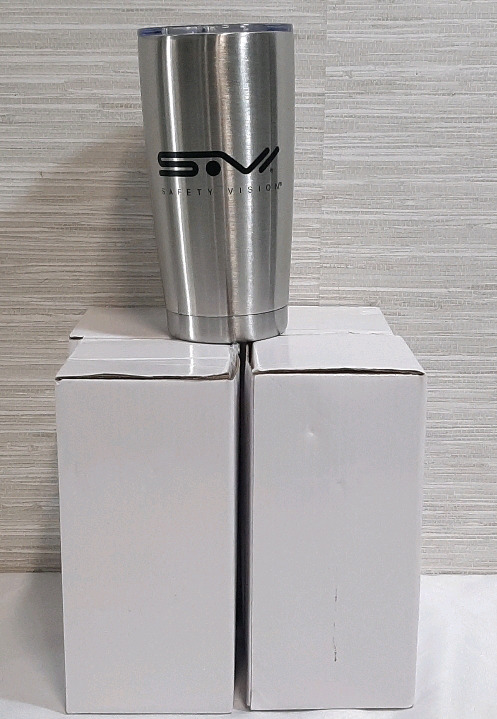 5 New Sovi Stainless Steel Cups With Caps (6&frac12;" Tall, 3&frac12;" dm)