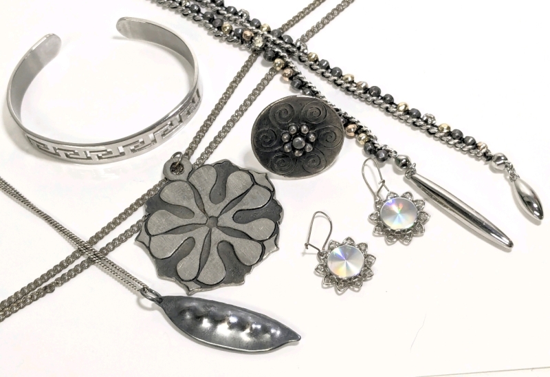 Stellar Silver Tone & Stainless Steel: Large Signed Pendant / Medal, Neat Pea-Pod Pendant on Chain, Greek Open-Cuff Bracelet, Expandable Ring, Earrings & Drape-Style Necklace