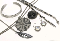 Stellar Silver Tone & Stainless Steel: Large Signed Pendant / Medal, Neat Pea-Pod Pendant on Chain, Greek Open-Cuff Bracelet, Expandable Ring, Earrings & Drape-Style Necklace