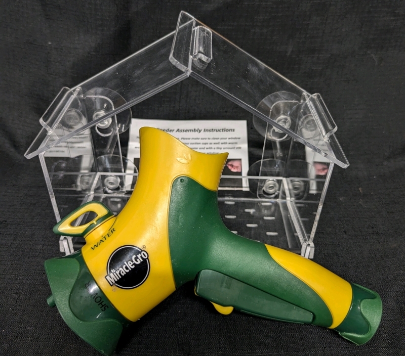 New Outdoor Lot. Window Bird feeder and Miracle Grow Hose Nozzle. Bird feeder Stands 7.5" Tall.