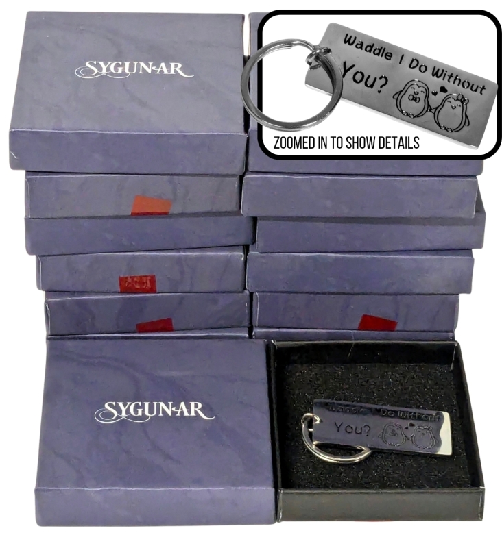 13 New "Waddle I Do Without You?" Penguin Best Friend/Love Keychains in Individual Gift Boxes | 1.75" x 0.75" on 0.8" Diam Ring