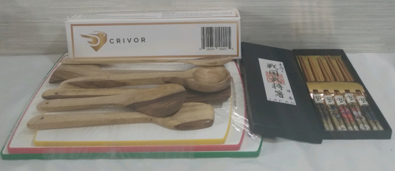 New Home Kitchen Accessories Lot Crivor Wooden Spatula and Spoon & Japan Chop Sticks & 3 Cutting Boards 11.5"-15.5"