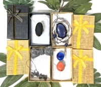 3 Expansion Rings: MCM Silver Tone Bezel-Set Cobalt Blue Glass + Orange Swirl, Very Old Gold Tone & Black Stone, Possible Lapis Pendant + Earrings Set & Estate Bowtie Brooch & Matching Earrings Set
