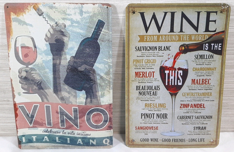 2 New Wine Themed Metal Signs - 12"X8"
