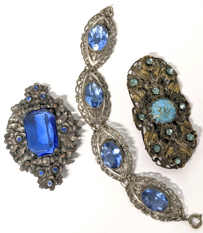 Stunning Vintage Bracelet w Filigree+ Bezel-Set Translucent Blue Glass Stones & 2 Vintage Ornate Floral Brooches w Cobalt Blue Stones, Faux Turquoise in Bronze + Copper Tones