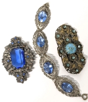 Stunning Vintage Bracelet w Filigree+ Bezel-Set Translucent Blue Glass Stones & 2 Vintage Ornate Floral Brooches w Cobalt Blue Stones, Faux Turquoise in Bronze + Copper Tones