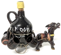 The BEST Vintage Terracotta Donkey-Cart w a "Wildcat Ridge" Liquor Jug, Brass Fittings & 4 Shot Mugs | Made in Japan | 10.5" Long w Mugs, 8.75" Tall