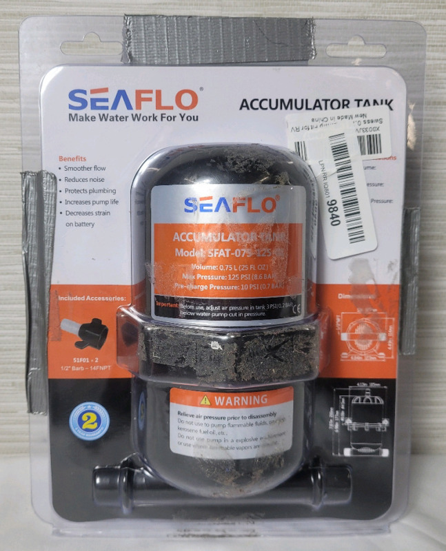 New , As Is - SeaFlo 0.75L 125psi Accumulator Tank Water Pump Flow Control Internal Bladder for RV . Open Package
