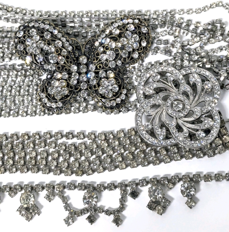 Rhinestone Revelry! Large Vintage Filigree Butterfly Brooch, Swirling Silver Tone Brooch, Bracelet, Line Necklace & Body Chain Torso Harness