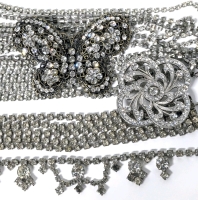 Rhinestone Revelry! Large Vintage Filigree Butterfly Brooch, Swirling Silver Tone Brooch, Bracelet, Line Necklace & Body Chain Torso Harness