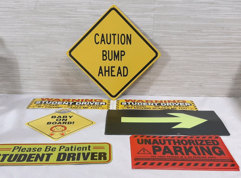 New Driving Signs + Stickers, Incl: Caution Metal Sign (11"), 2 Student Driver Warning Stickers, Baby on Board Suction Sign, 5 Arrow Stickers, Student Driver Magnetic Sticker & 11 Unauthorized Parking Stickers