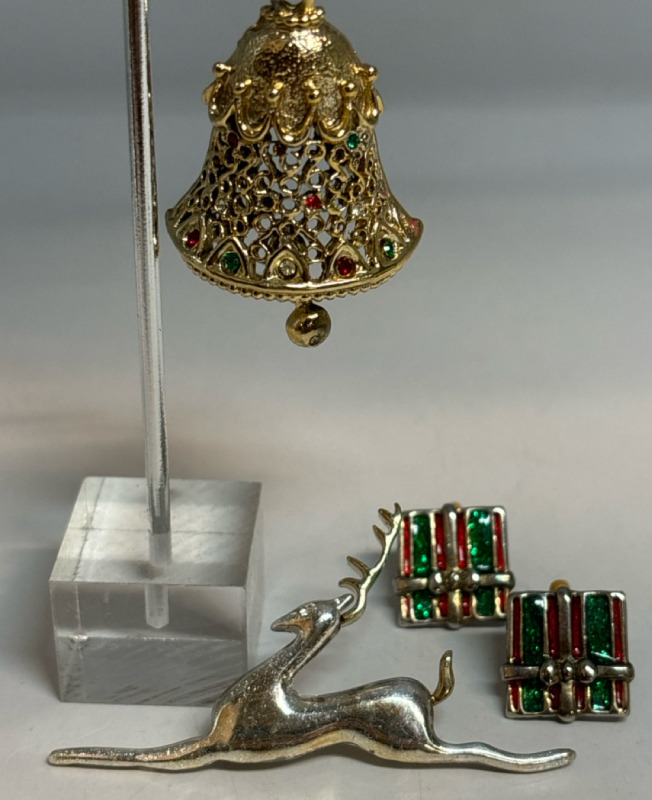 Vintage Enameled Gift Box Earrings Tancer Bell Brooch with Clapper Flying Reindeer Lc Brooch