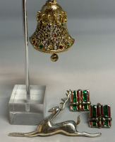 Vintage Enameled Gift Box Earrings Tancer Bell Brooch with Clapper Flying Reindeer Lc Brooch