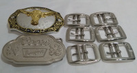8 Metal Belt Buckles Lot 4.5" lionlar Long Texas Bull Belt Buckle, 4" Coors Banquet, & 6 Generic 2" Belt Buckles