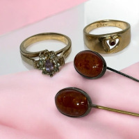 Two Baltic Amber Oval Stone Stick Lapel Pins Two Rings with Stamps