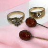 Two Baltic Amber Oval Stone Stick Lapel Pins Two Rings with Stamps