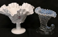 Westmoreland Milk Glass Footed Dish 6.5" Tall + Fenton Cornucopia White Opalescent Hobnail Candle Holder 6" Tall