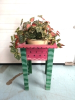 Wooden Watermelon Plant Stand with Faux Plant in Ceramic Planter
