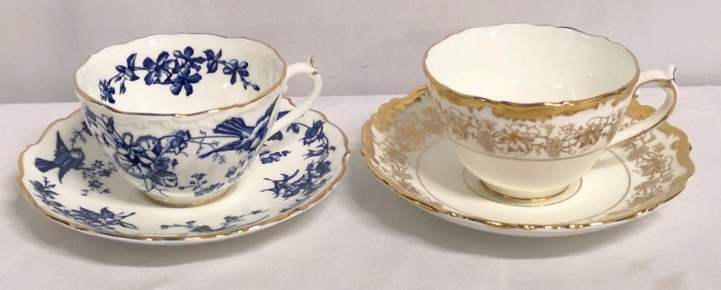 2 Coalport Teacups & Saucers - Bluebird Pattern & Hazelton Pattern