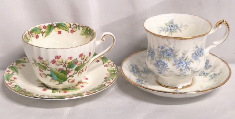 2 PARAGON Teacups & Saucers - Remember Me & Bleeding Heart Vine Pattern
