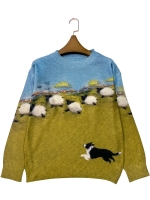 New Ladies Size XL | Adorable Pastoral Sheep Dog & Sheep Herding Knitted Sweater (Printed on Front and Back)