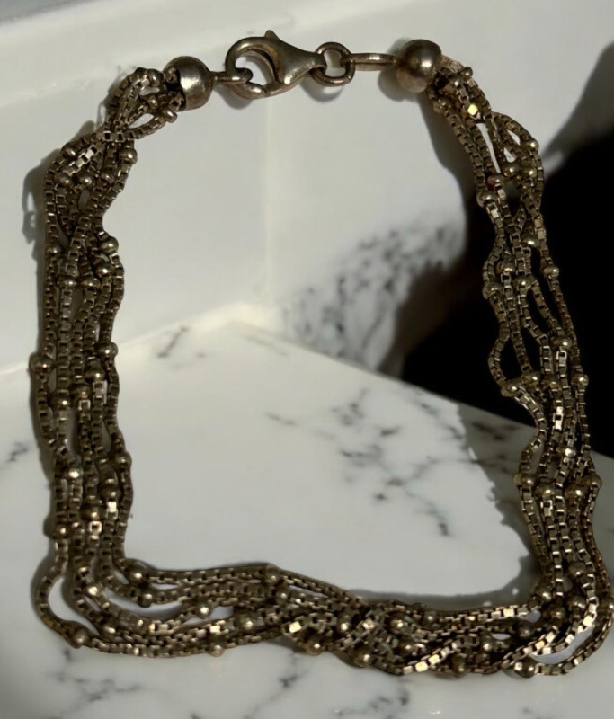 Sterling 925 5 Strand Box Chain Bracelet Lobster Clasp with Ball Stations 7 Inches