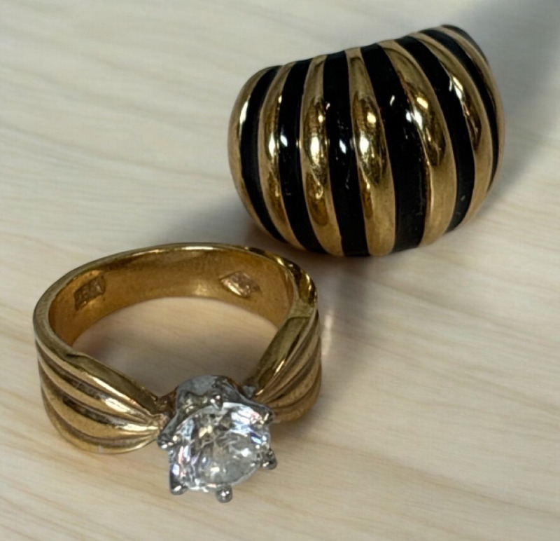 Twisted Gold Black Enamel Ring Size 5 10K GE Size 6 CZ Cathedral Ring Stamped GRP