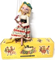 Vintage Pelham Puppets "Mitzy" Dutch Girl Wooden Marionette w Rigging, Strings & "Wilts'" Box | Made in England | Marionette herself is 12" Tall