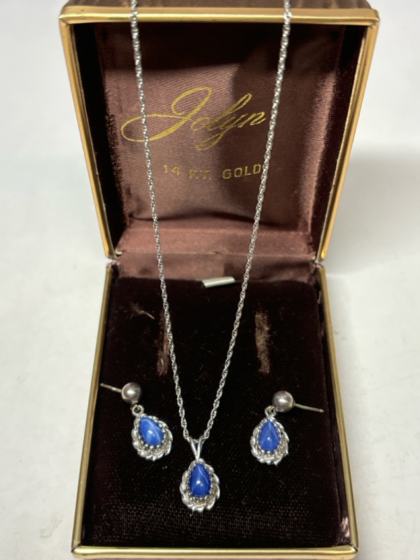 14K White Gold Earrings + Pendant with Blue Star Sapphire Set Stamped - LeCouttre LGL New York