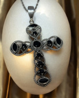 Black Spinel Filigree Sterling Cross Necklace Stamped 925 PTZ 18 Inch Chain stamped 417 ( 10K Gold) White Gold
