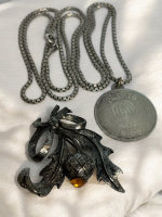 Sterling 26 Inch Sturdy Box Chain Sterling Puerto Rico Pendant Thistle Bow Brooch Citrine Glass Stone